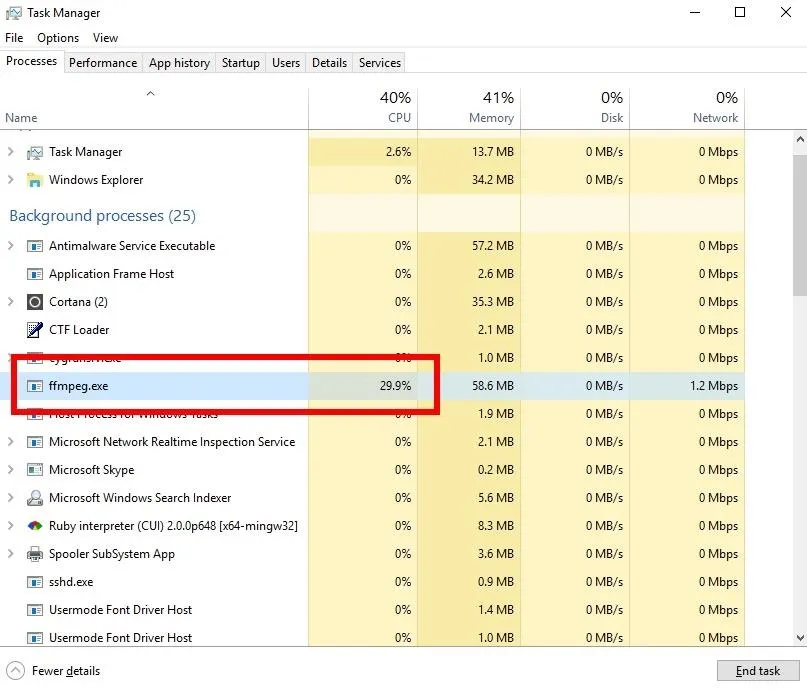 Task Manager displaying processes and resource usage on a Windows computer.