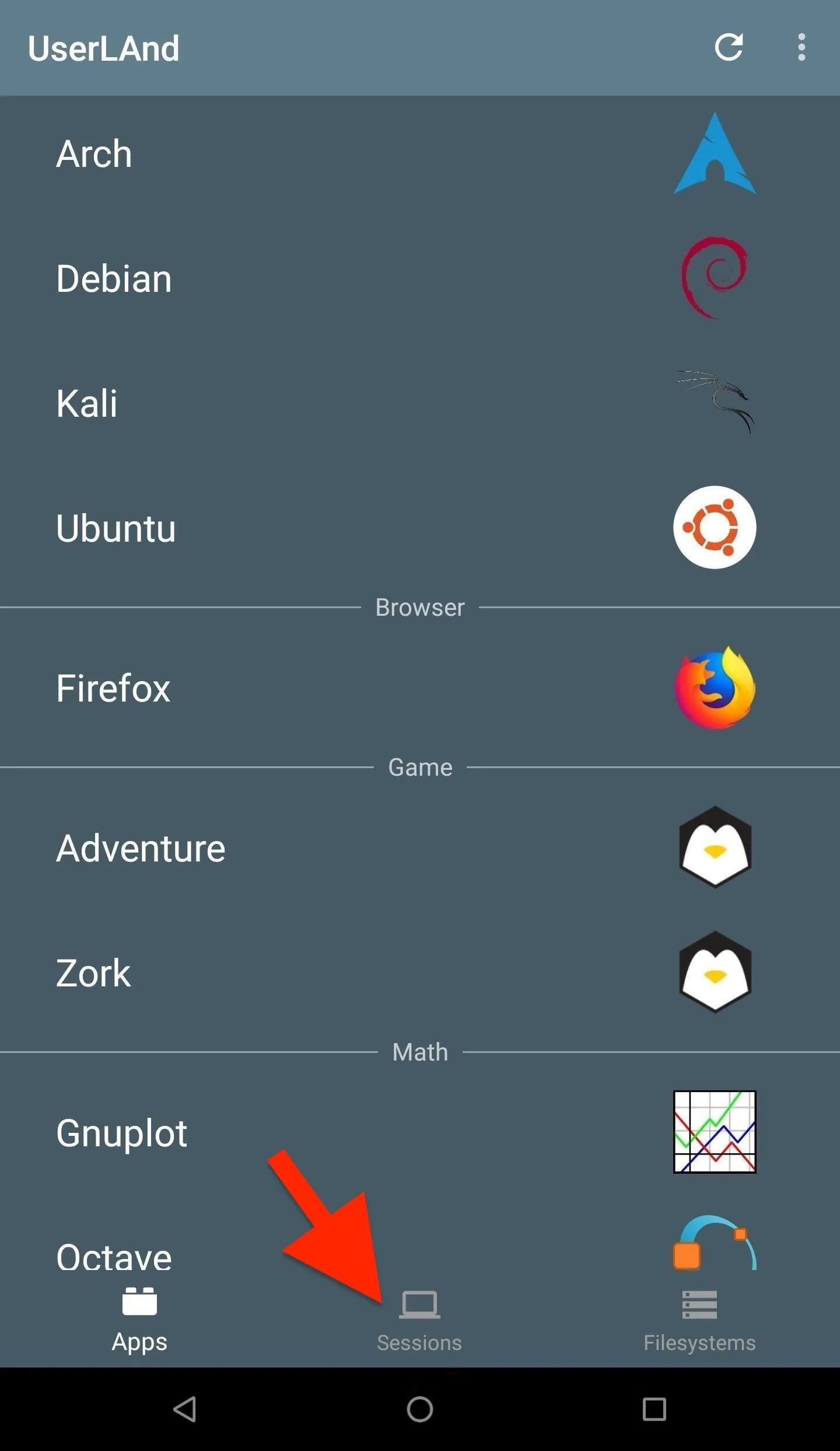 A menu displaying various applications and systems on a mobile device.