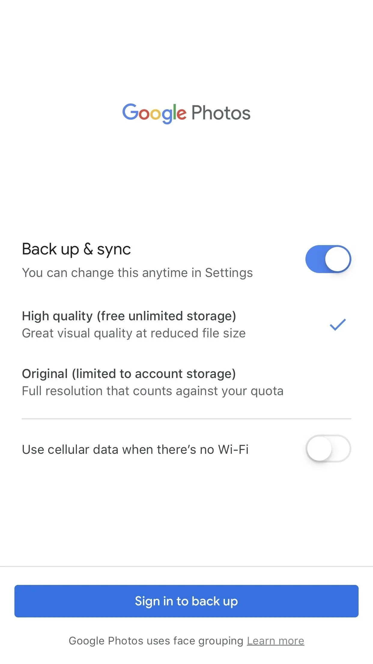 Google Photos backup settings interface.