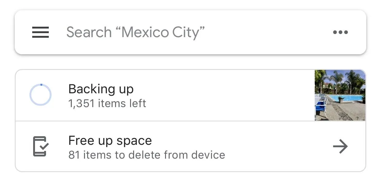 Screenshot of a device interface showing a storage backup and options for managing space, with a search for "Mexico City."