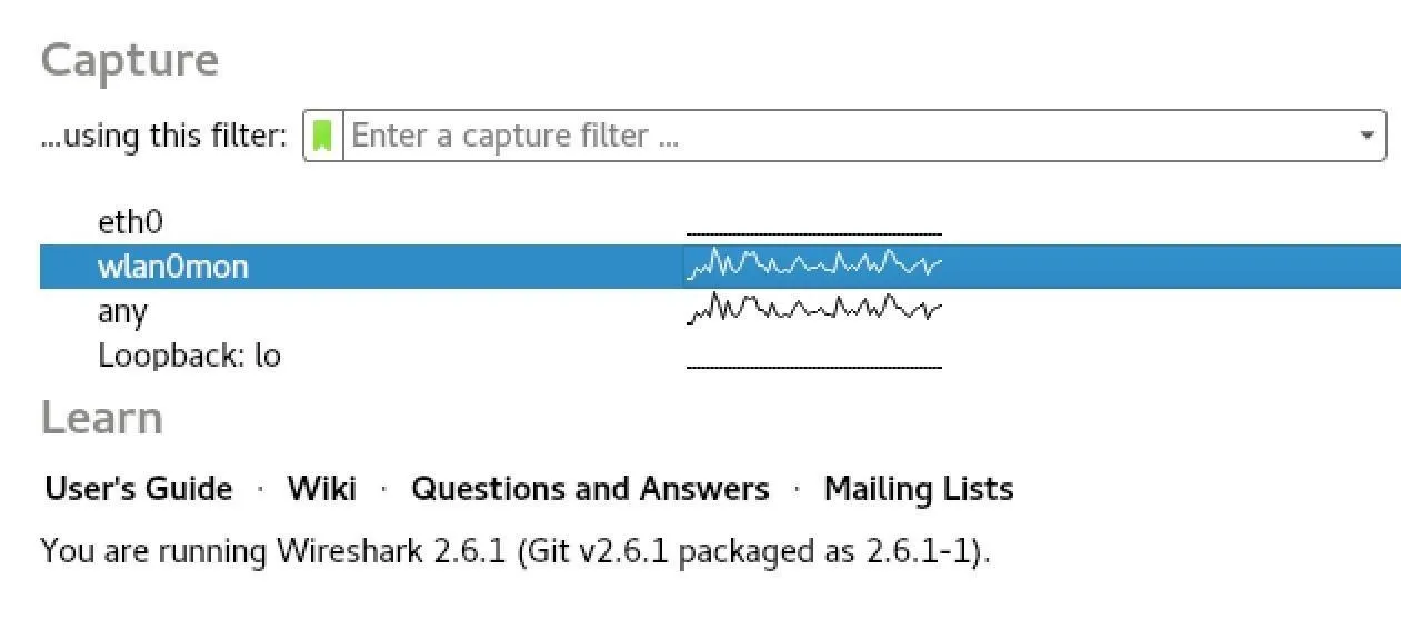 Wireshark capture filter interface displaying options and user guide information.