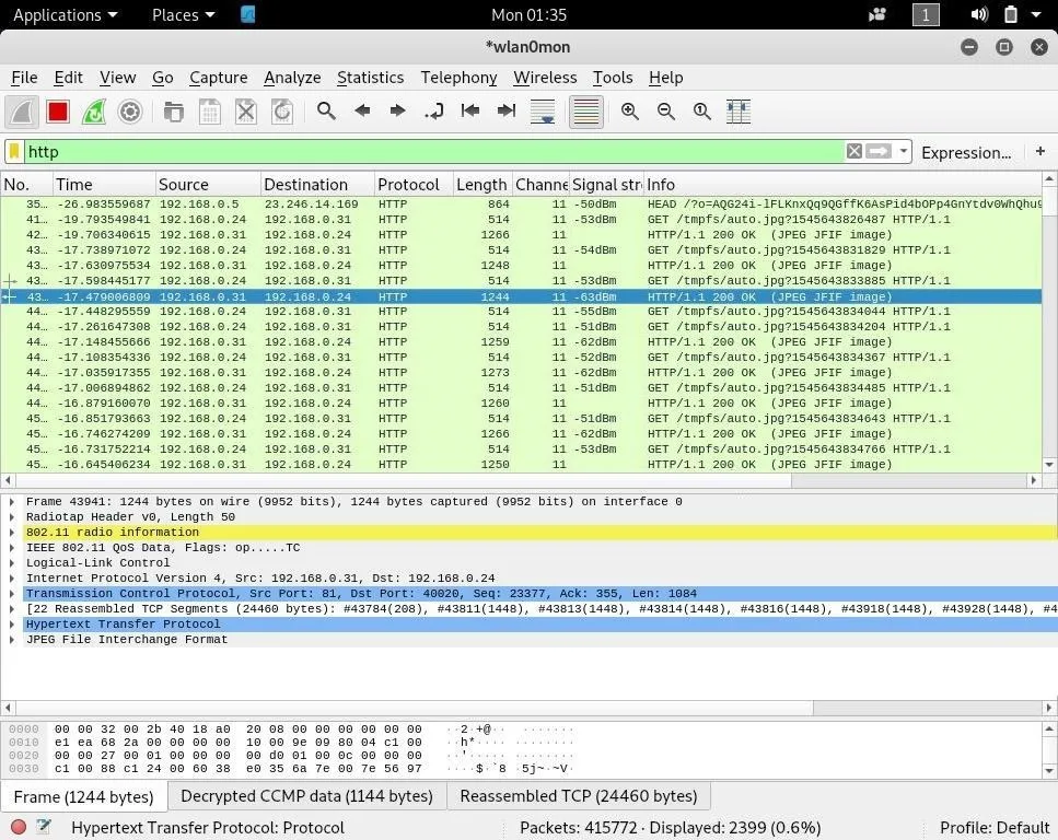 Network traffic analysis in Wireshark showing data packets and protocol information.