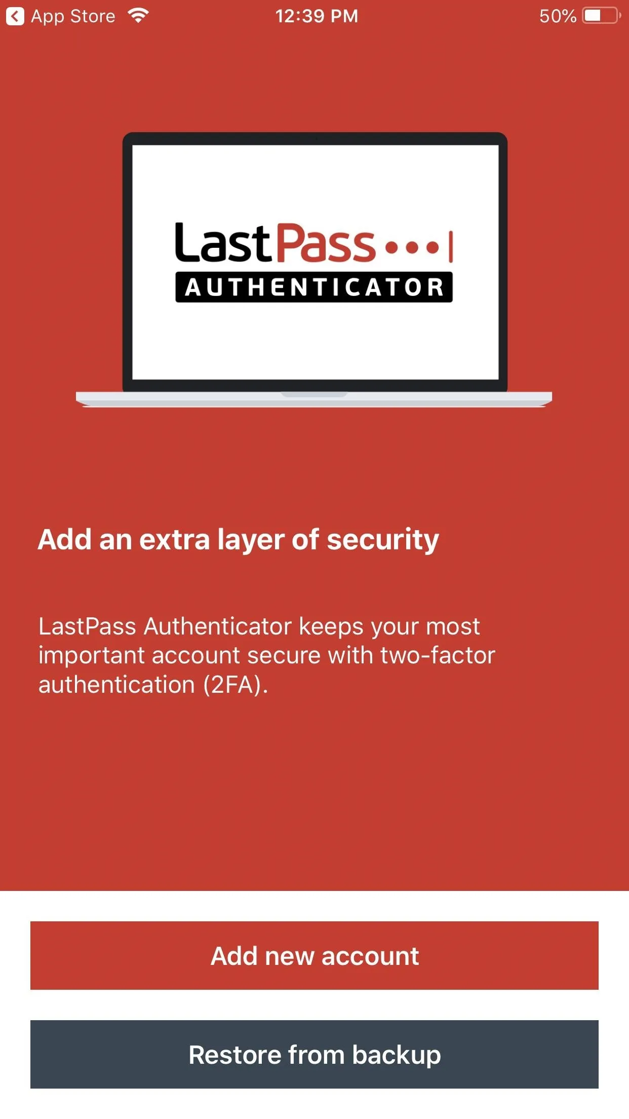 LastPass authenticator app interface with prompt to add a new account.