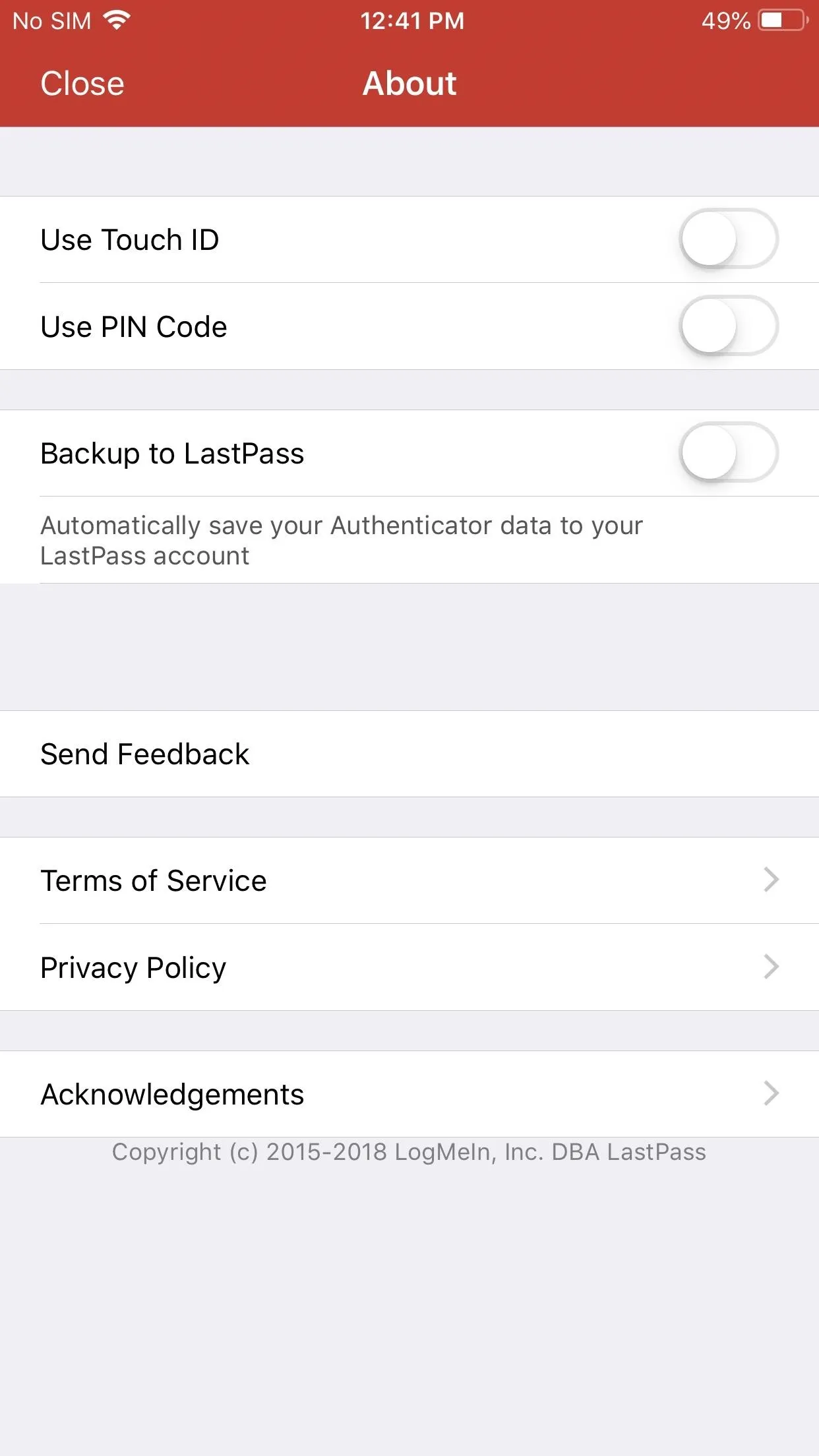 Settings menu of an app with options for user ID, backups, feedback, and acknowledgments.