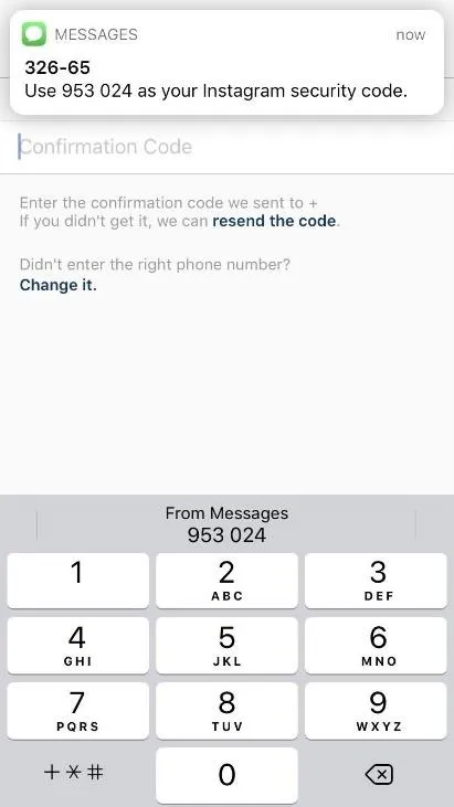 Instagram security code SMS verification prompt.