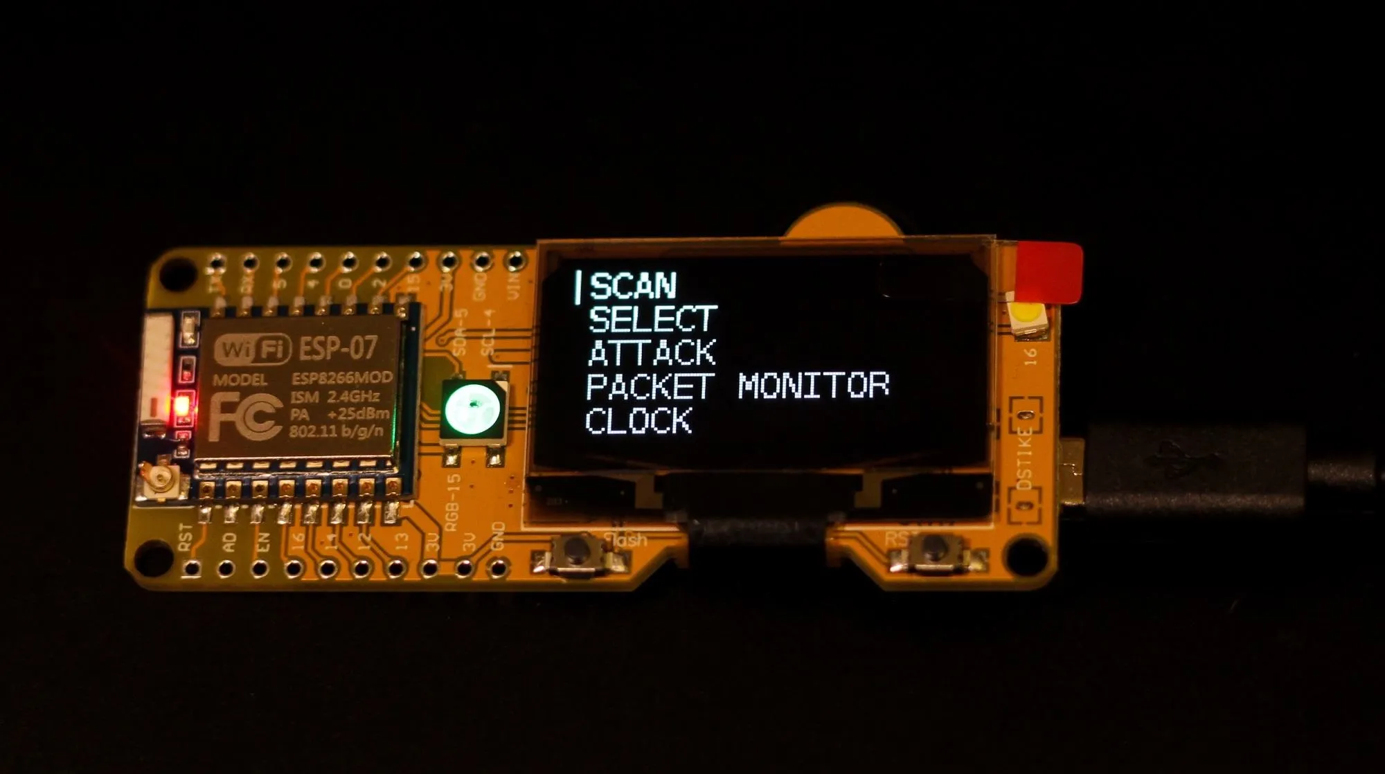 Wireless network device with an OLED display showing options: scan, select, attack, packet monitor, and clock.