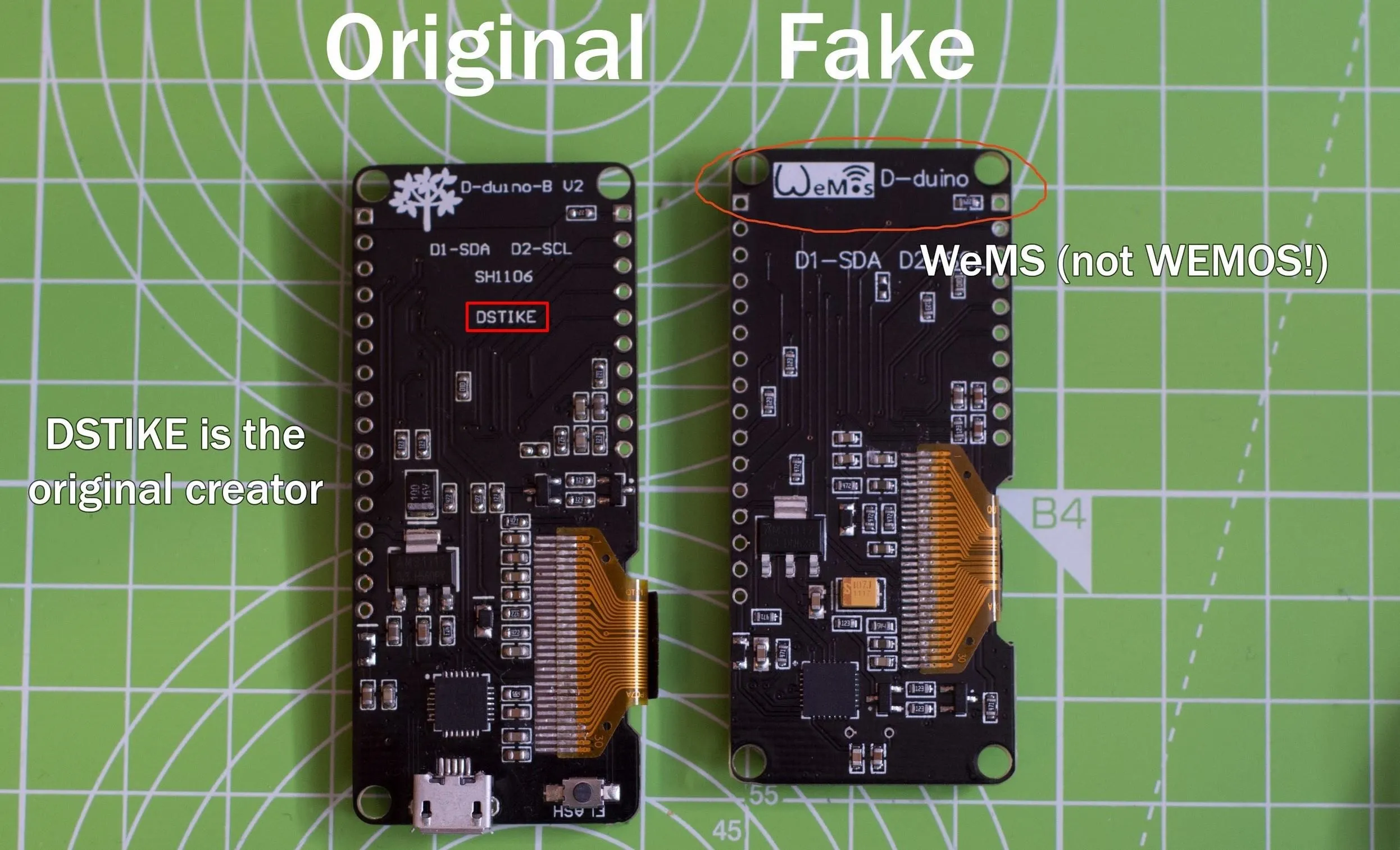 Comparison of original and fake electronic circuit boards on a grid background.