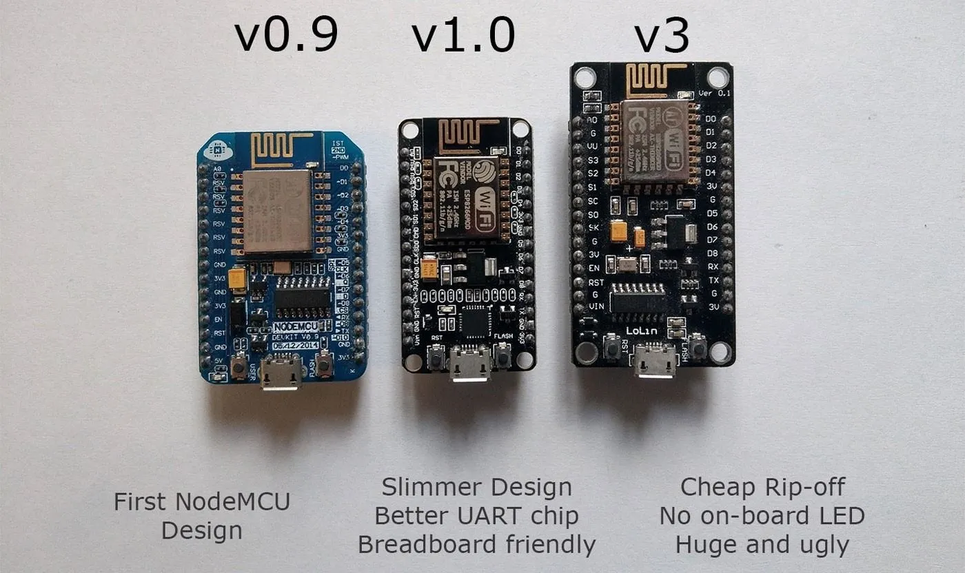 NodeMCU design versions comparison: v0.9, v1.0, and v3, highlighting features and differences.