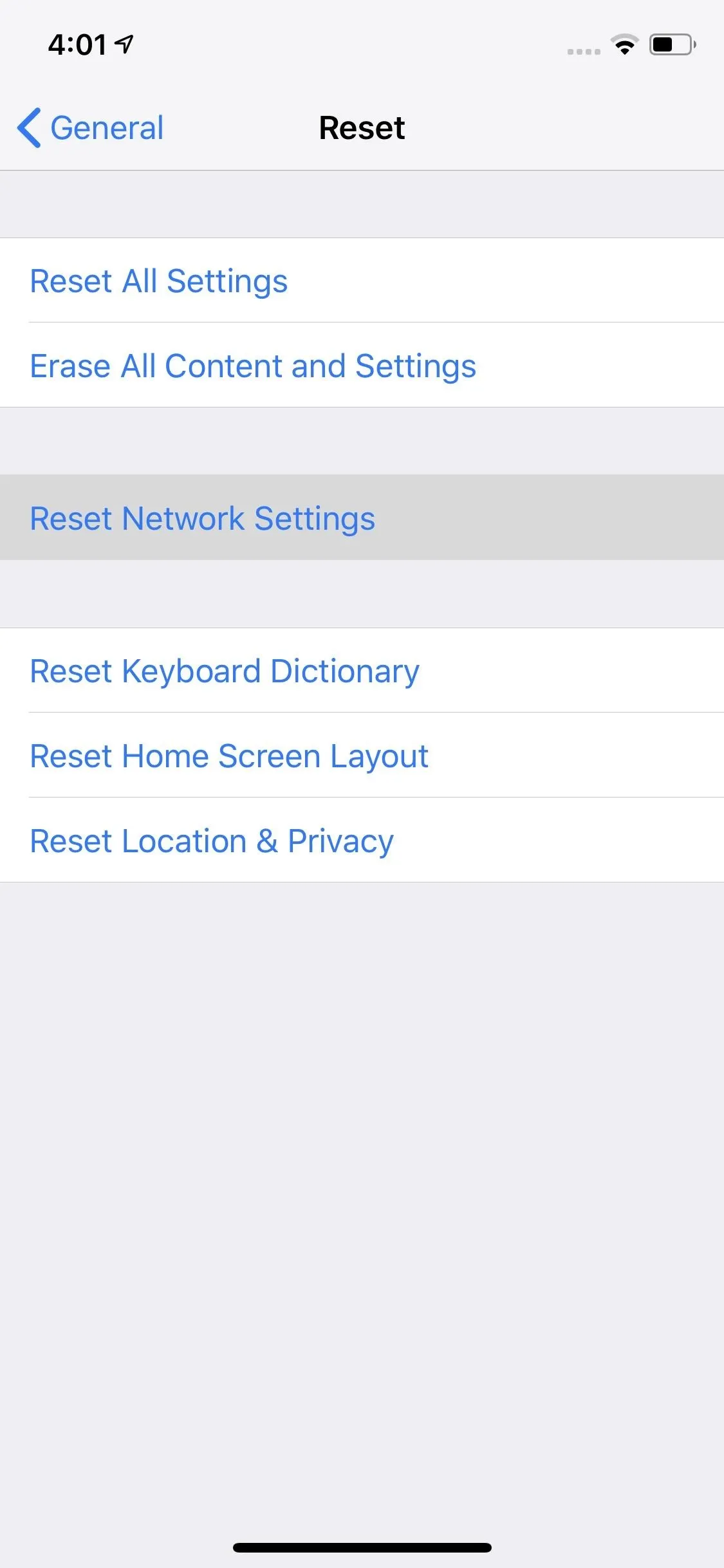 Settings menu options on a smartphone.