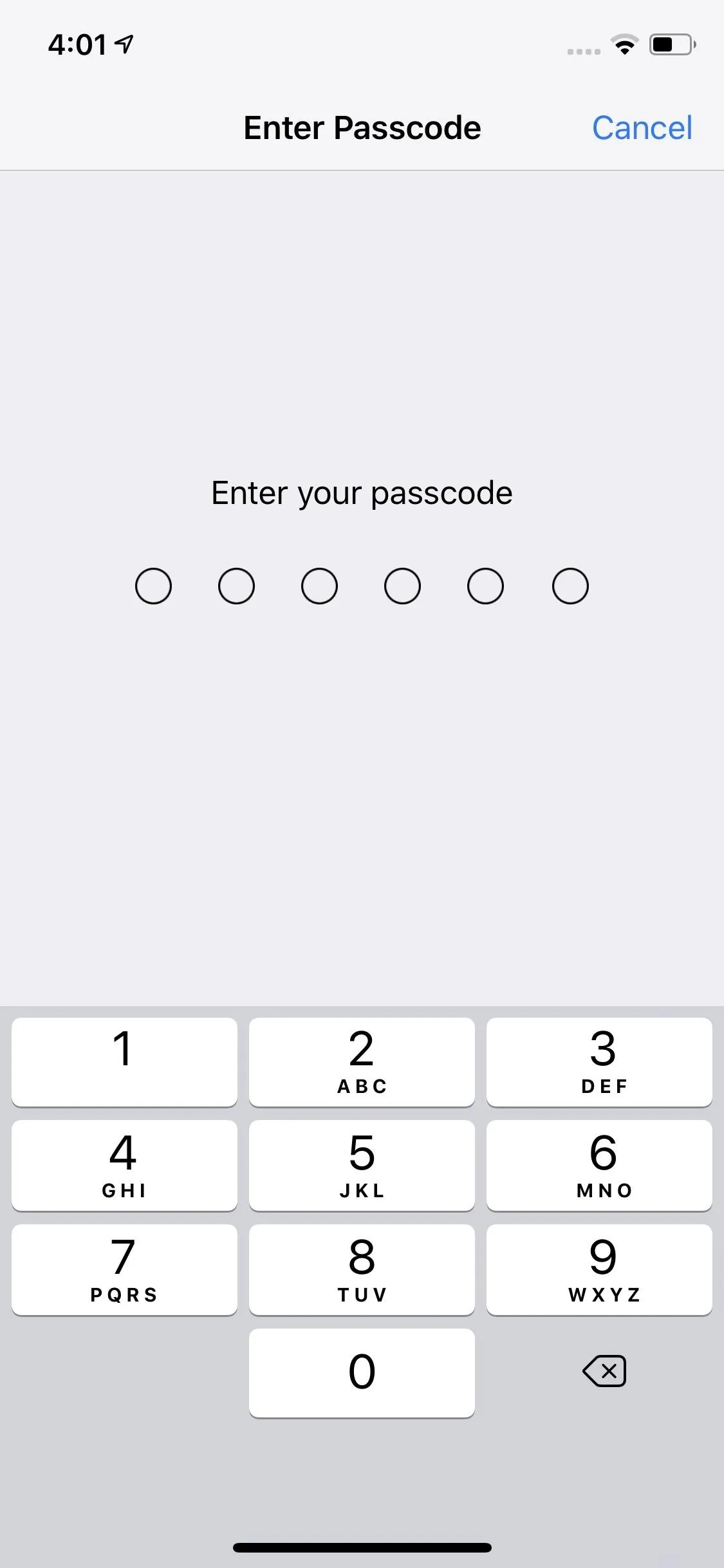 Enter passcode interface on a mobile device.