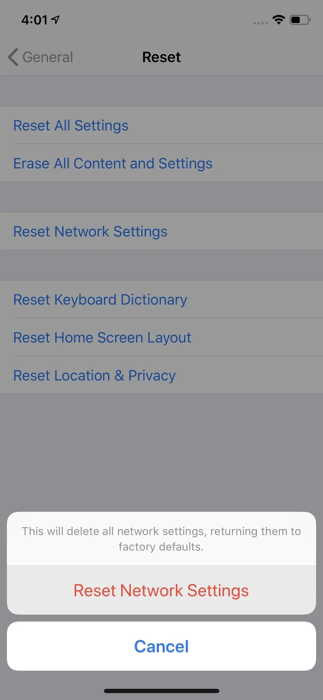 Settings menu on a mobile device displaying options for scan settings and error messages.