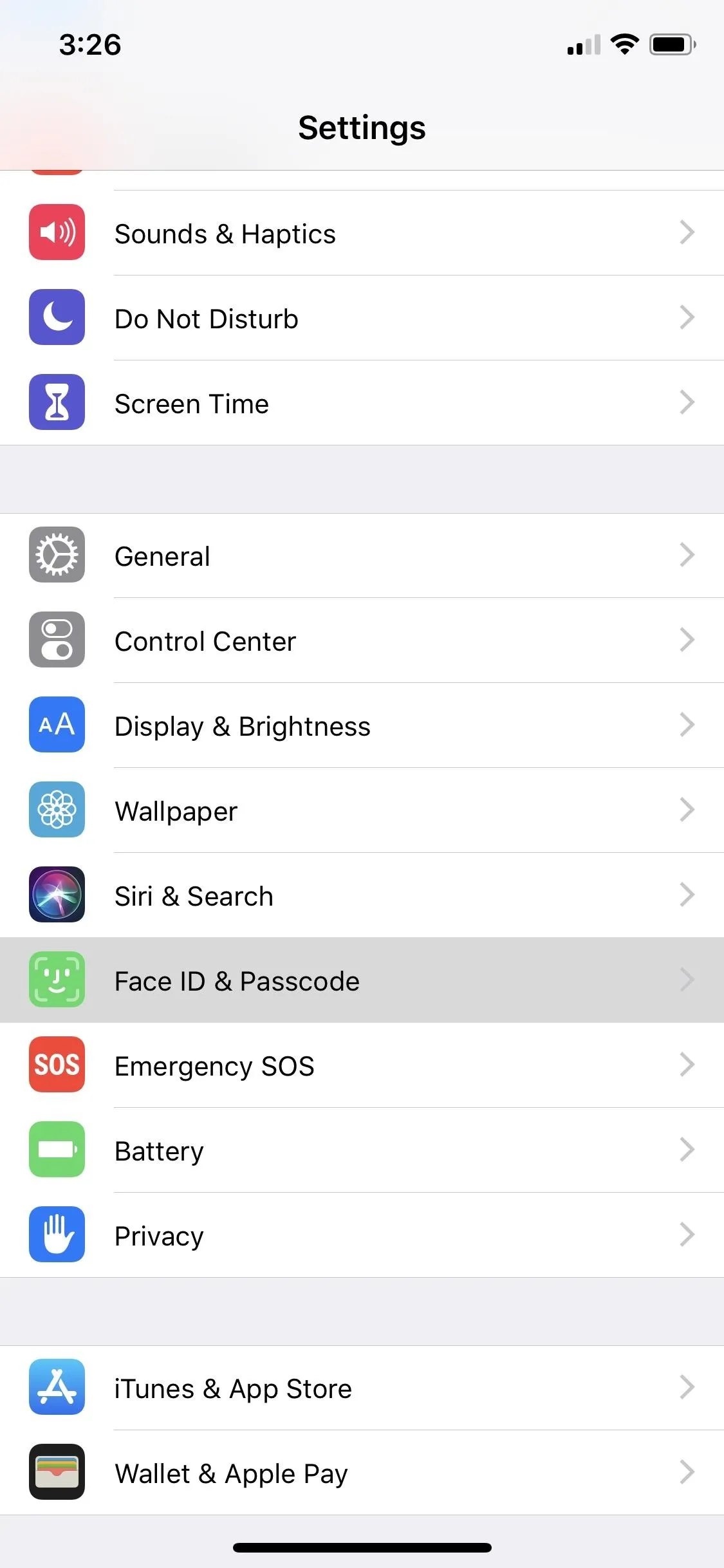 Settings menu on a mobile device displaying various options including general settings, connectivity, and privacy features.