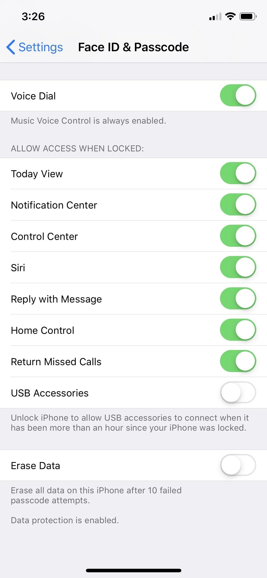 Settings menu for Face ID and Passcode on an iPhone.