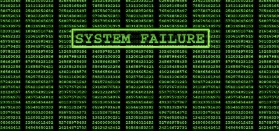 System failure warning in green digital code.