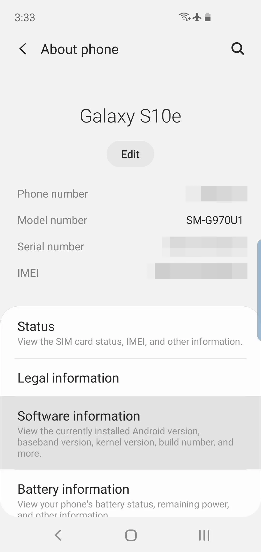 Galaxy S10e about phone screen displaying device information.