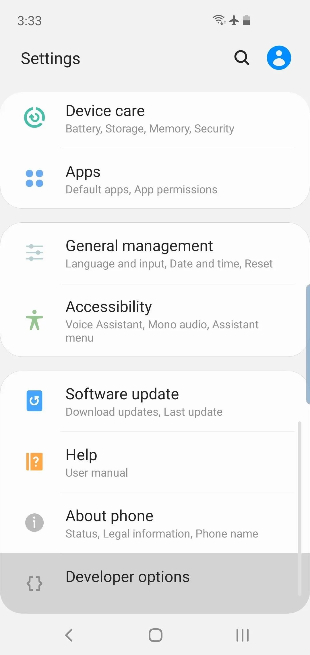 Settings menu on a mobile device showing various options like Apps, Accessibility, and Software update.