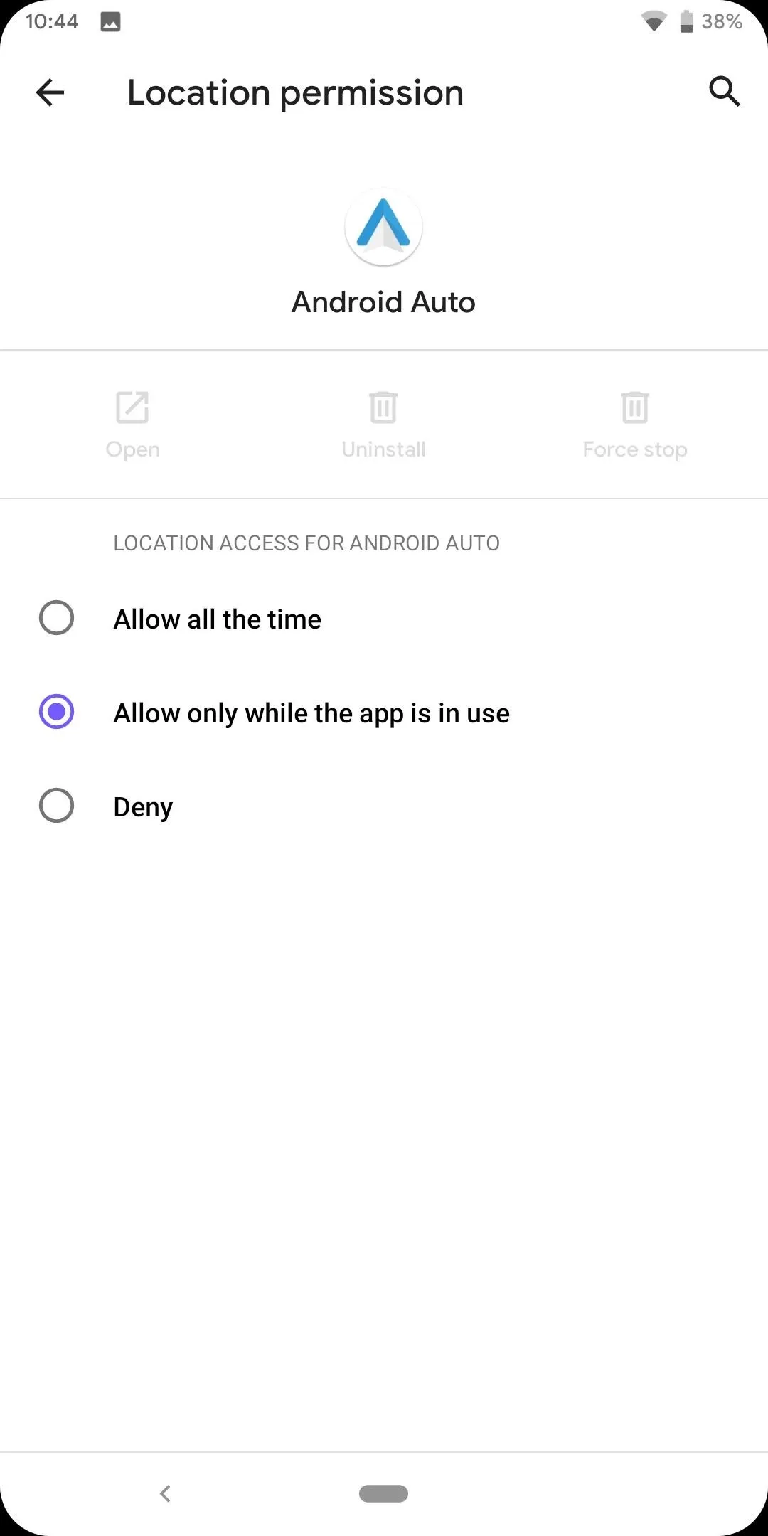 Location permission settings menu on an Android device.