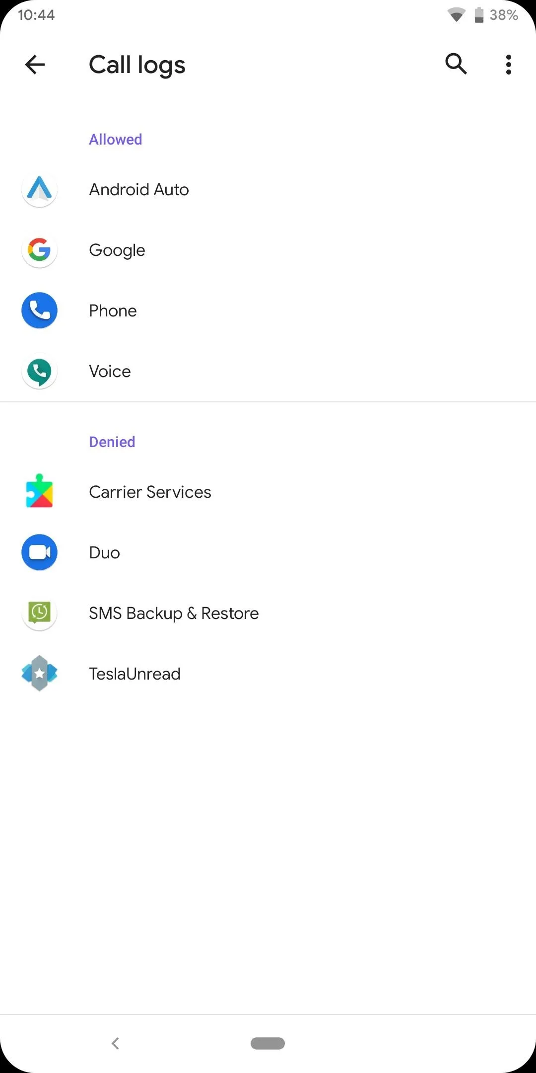 Call log interface on a mobile device displaying recent calls and associated apps.