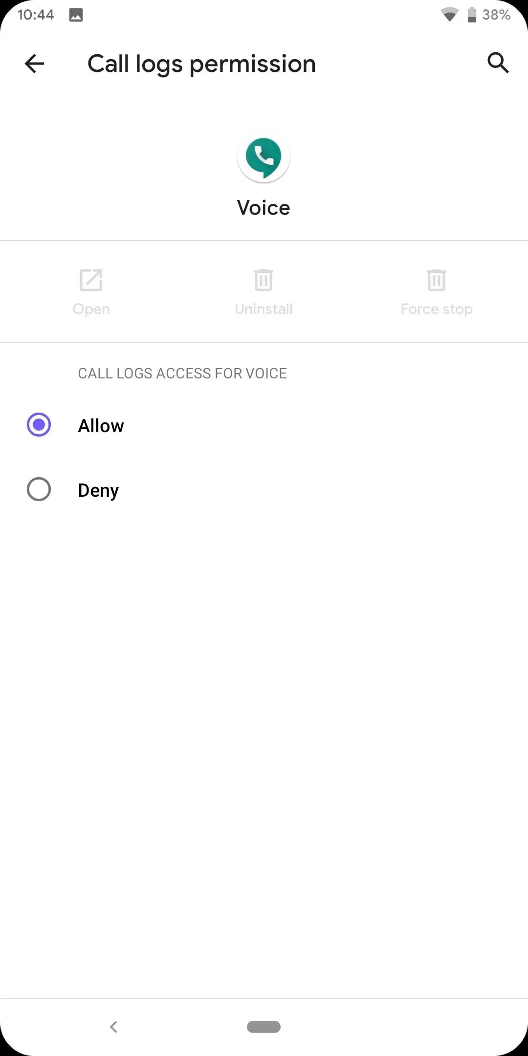 Call tags permission settings on a mobile device.