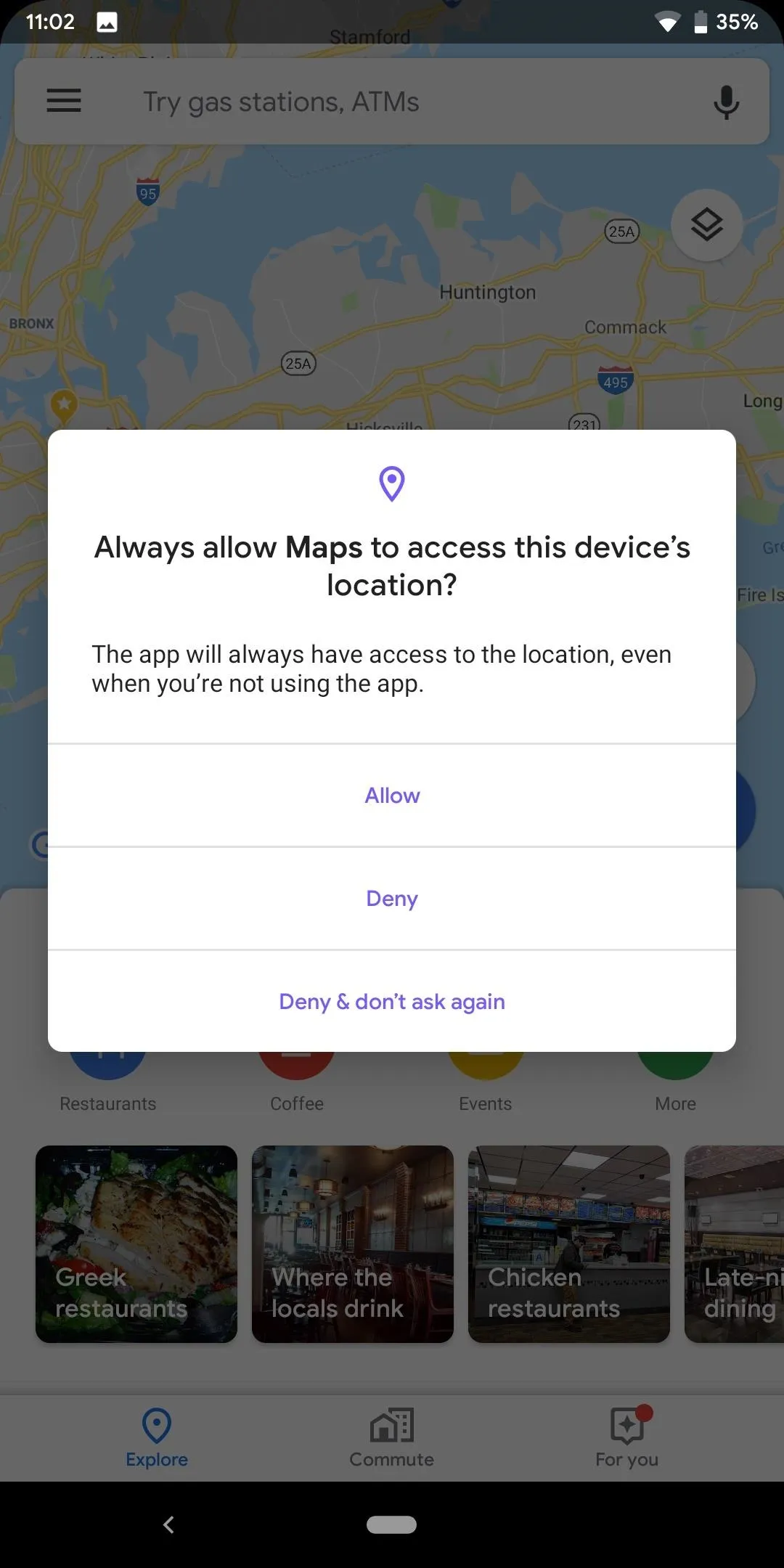 Map location access request on mobile device.