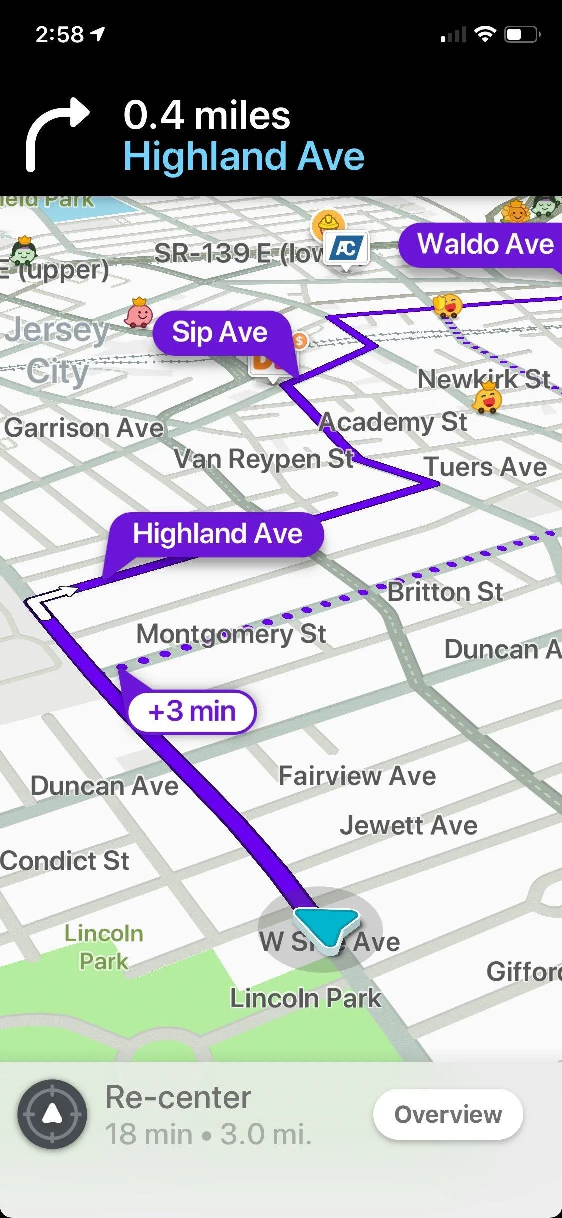 Map showing a route to Highland Avenue with directions and distance of 0.4 miles.