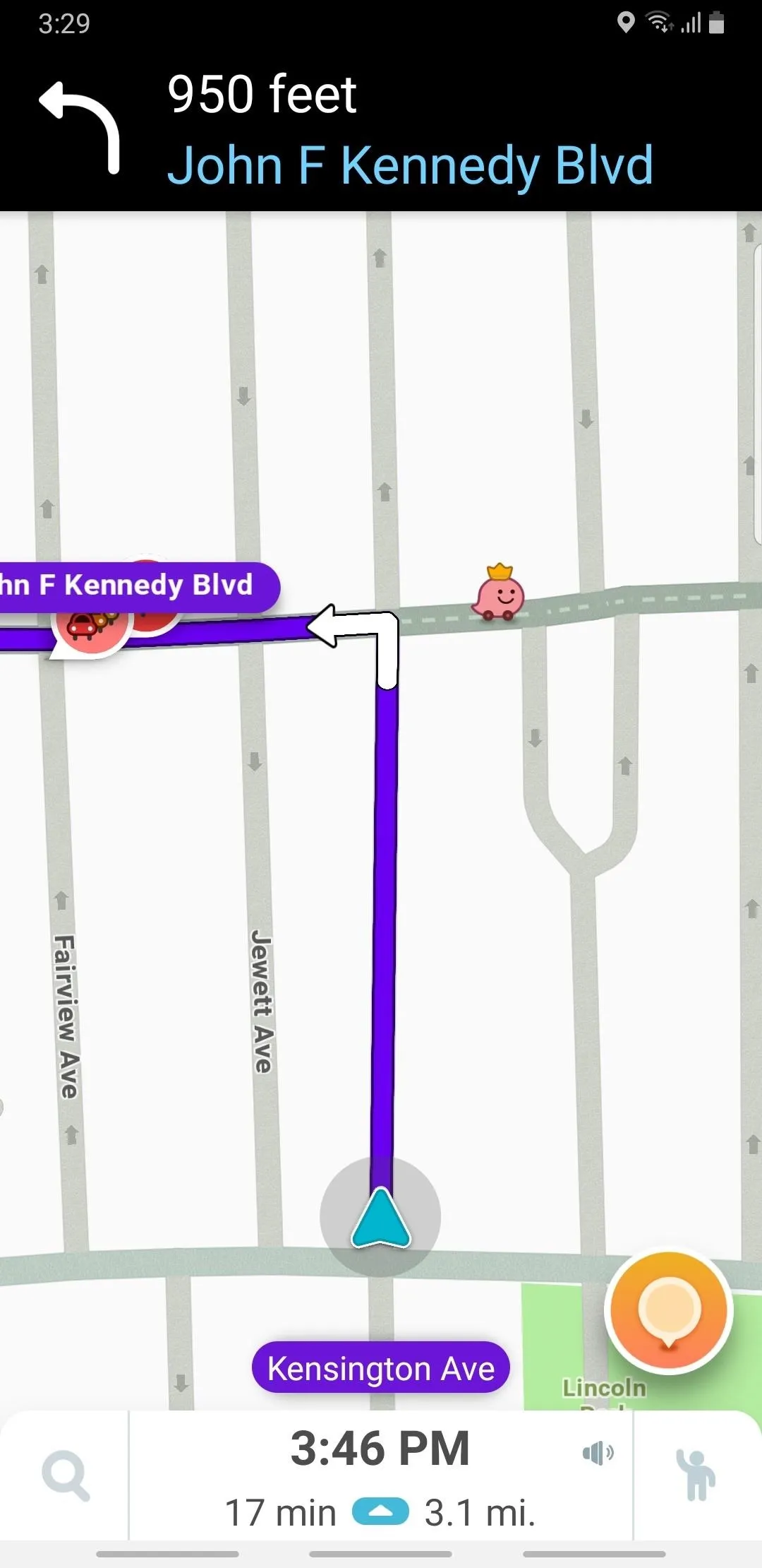 Navigation route on a map showing John F. Kennedy Boulevard.