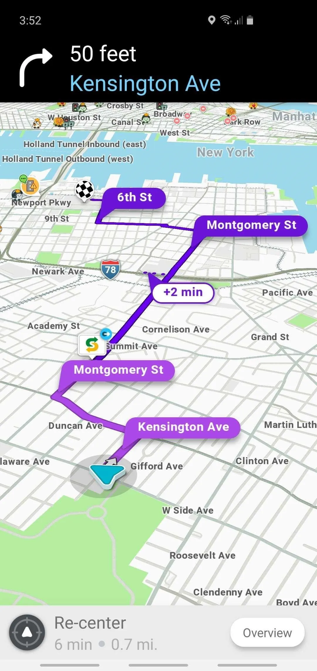 Map showing directions along Kensington Avenue with route markers.