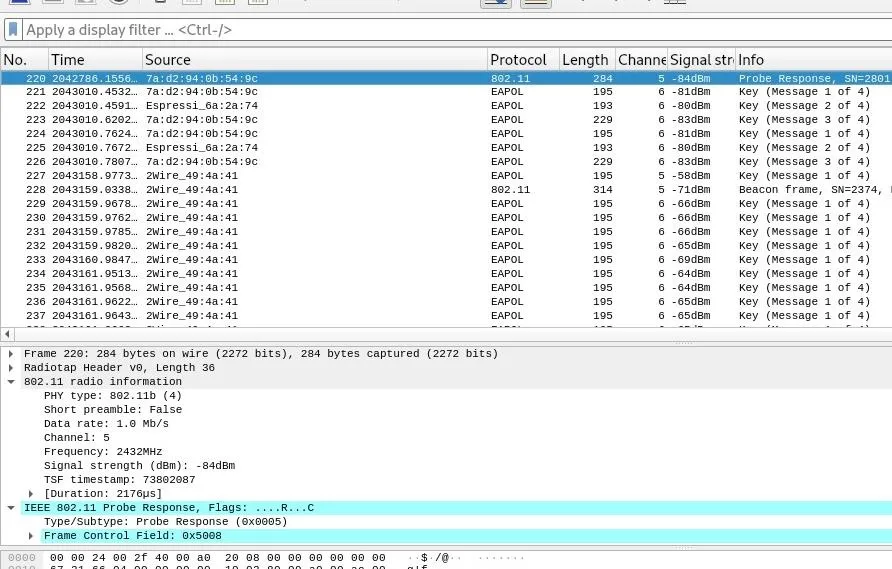 Network packet analysis in Wireshark.