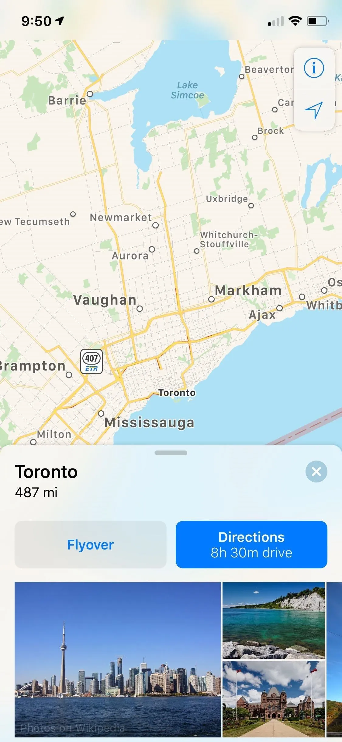 Toronto map view with location details and images.