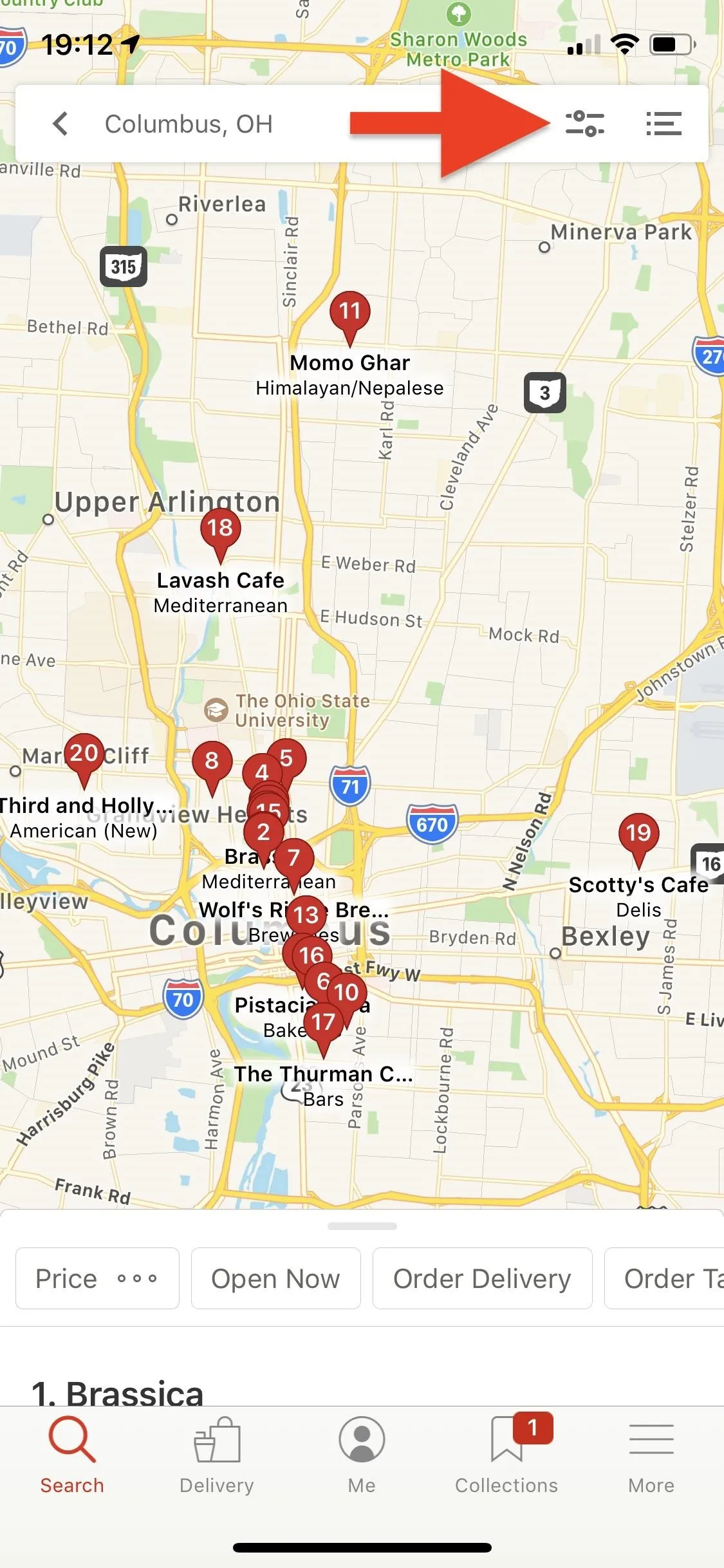 Map view showing multiple location markers in Columbus, Ohio.