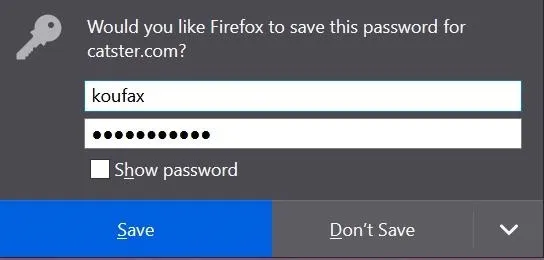 Password saving prompt in Firefox browser.