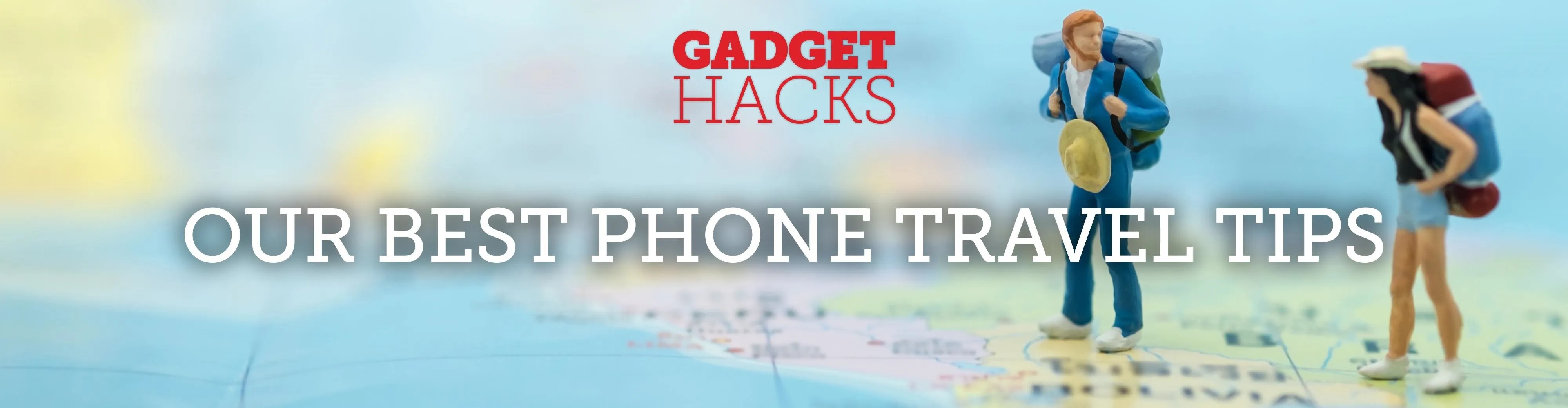 Travel tips for phone usage with hiking figures and a map background.