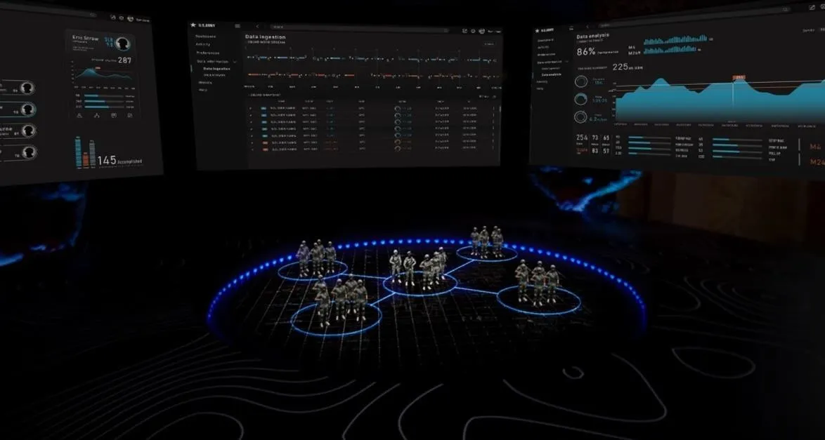 Data visualization displays on large monitors in a modern tech environment.