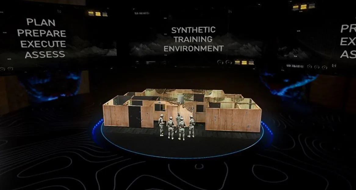 Virtual training environment with a wooden structure and training figures.