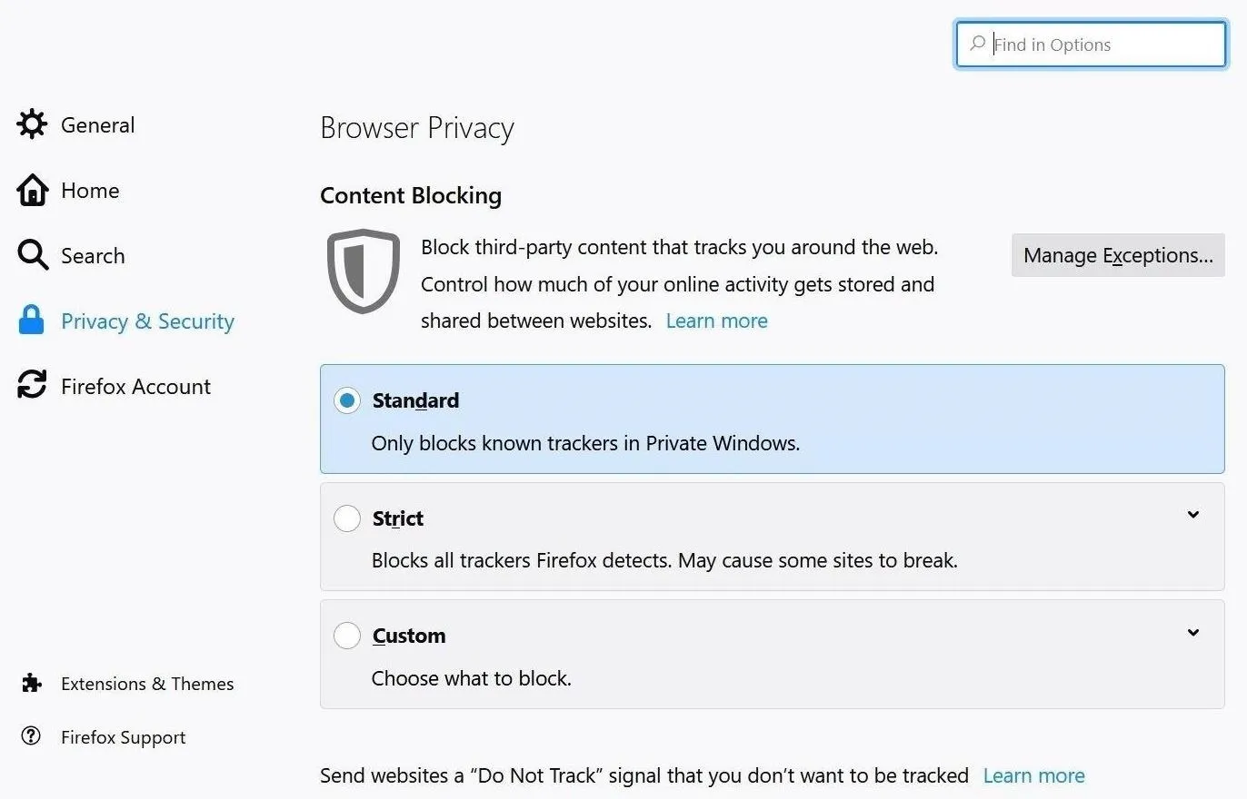 Browser privacy settings interface showing content blocking options.