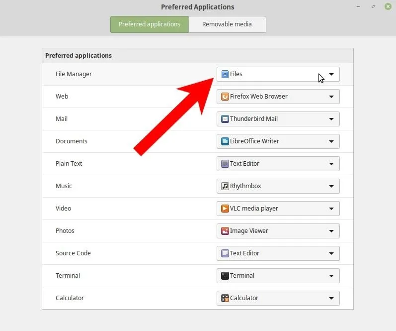 Settings menu showing installed applications with an arrow pointing to the "File Manager" option.