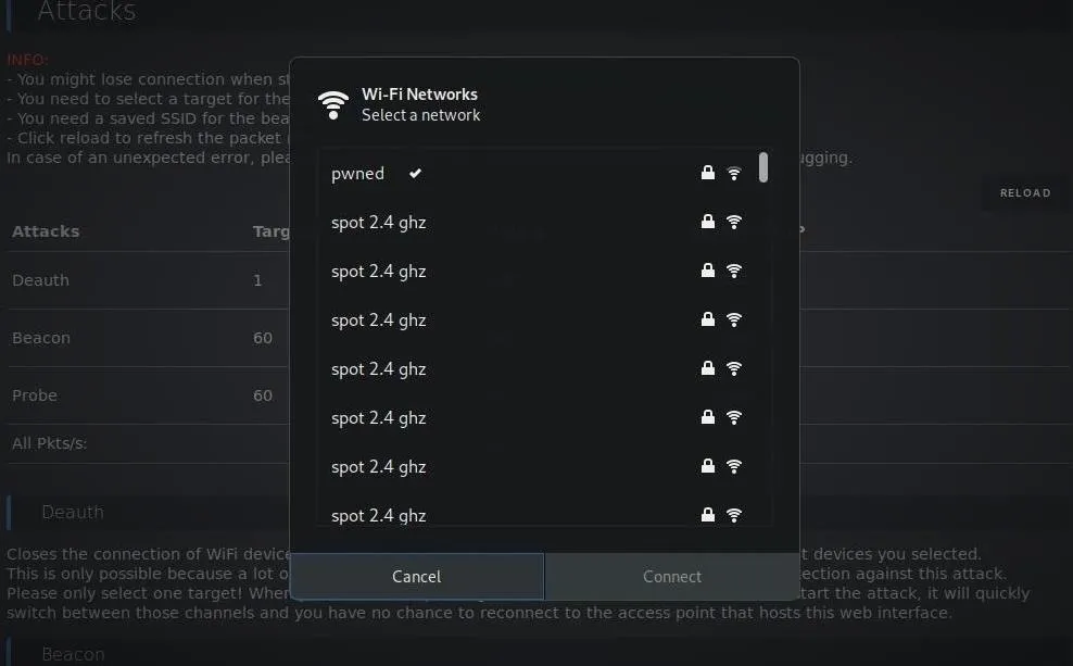 Wi-Fi network selection menu displaying available networks and signal strengths.