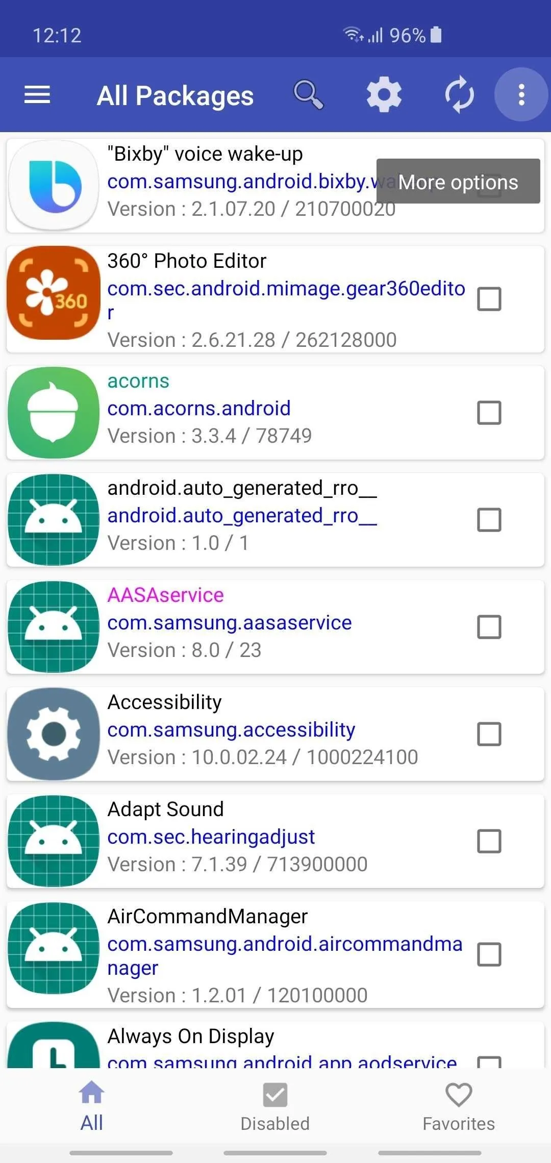 Screenshot of a mobile device screen displaying a list of app packages in an application settings menu.