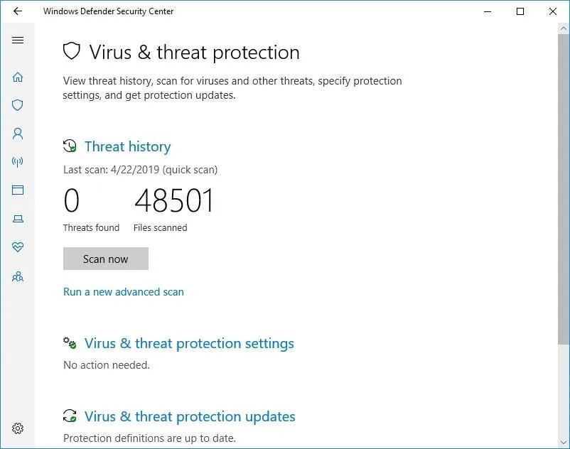 Virus and threat protection settings interface showing threat history and current statistics.