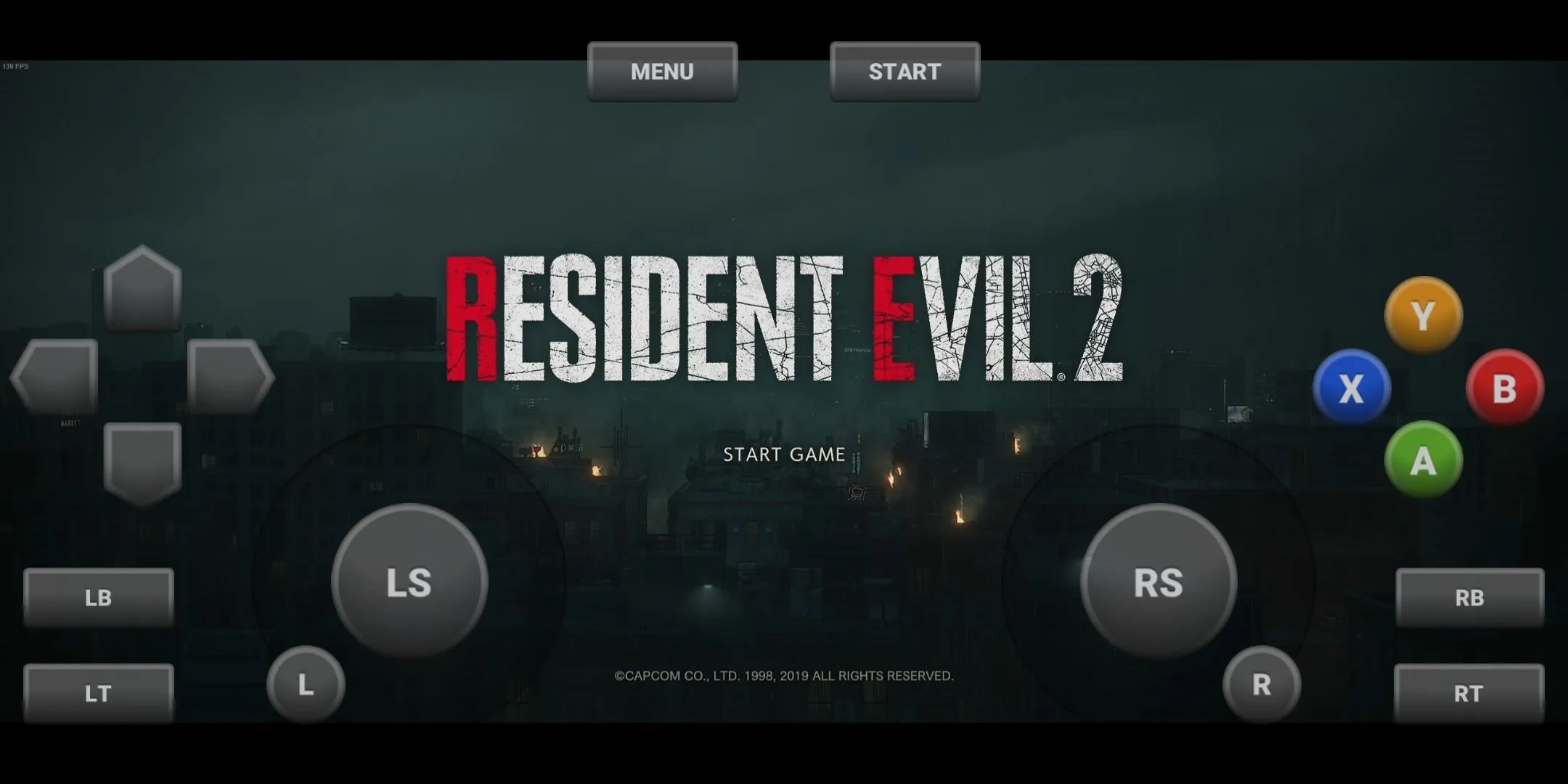 Resident Evil 2 game start screen with controls displayed.