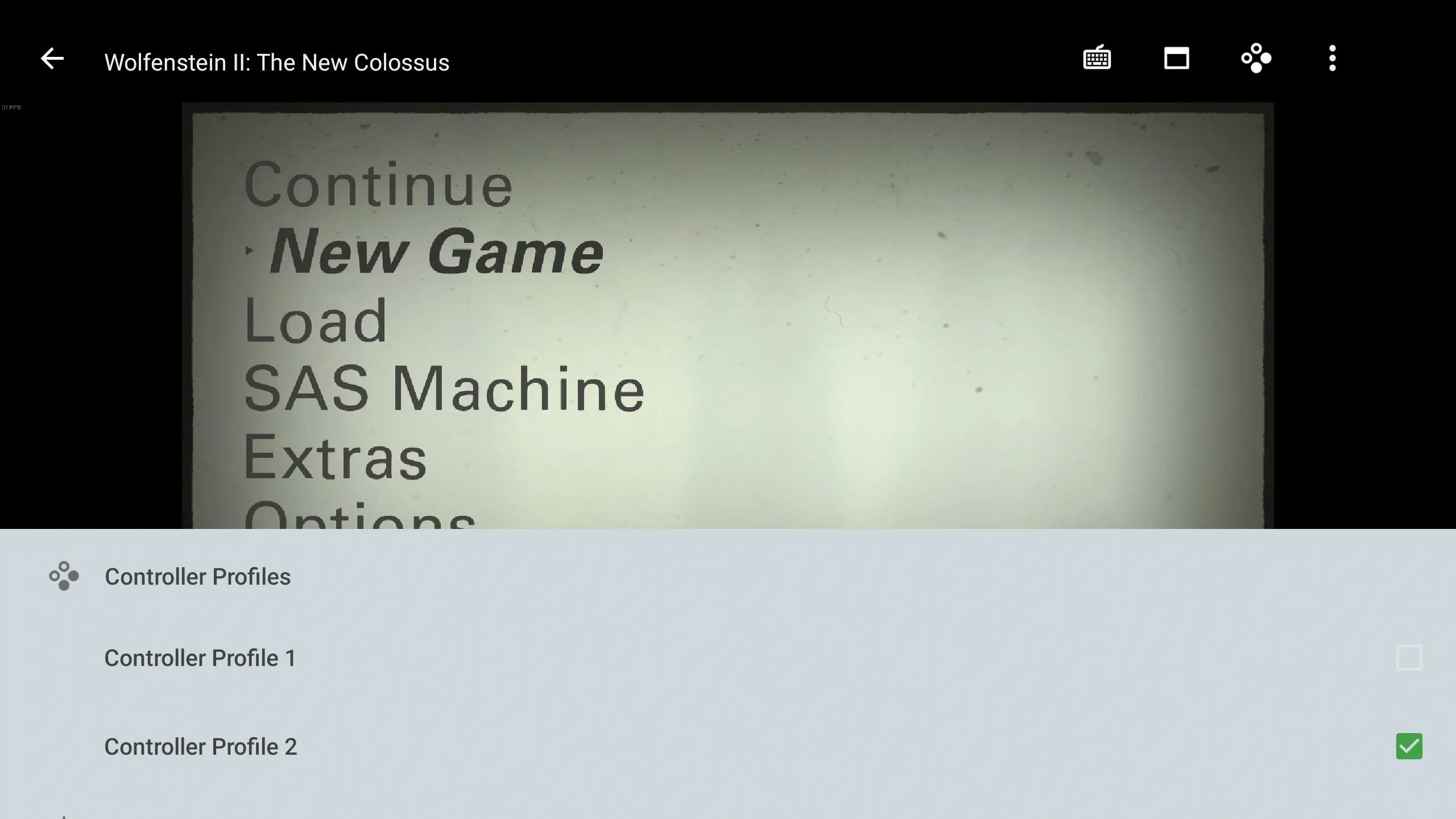 Video game menu screen with options for continuing, loading, starting a new game, and accessing extras.