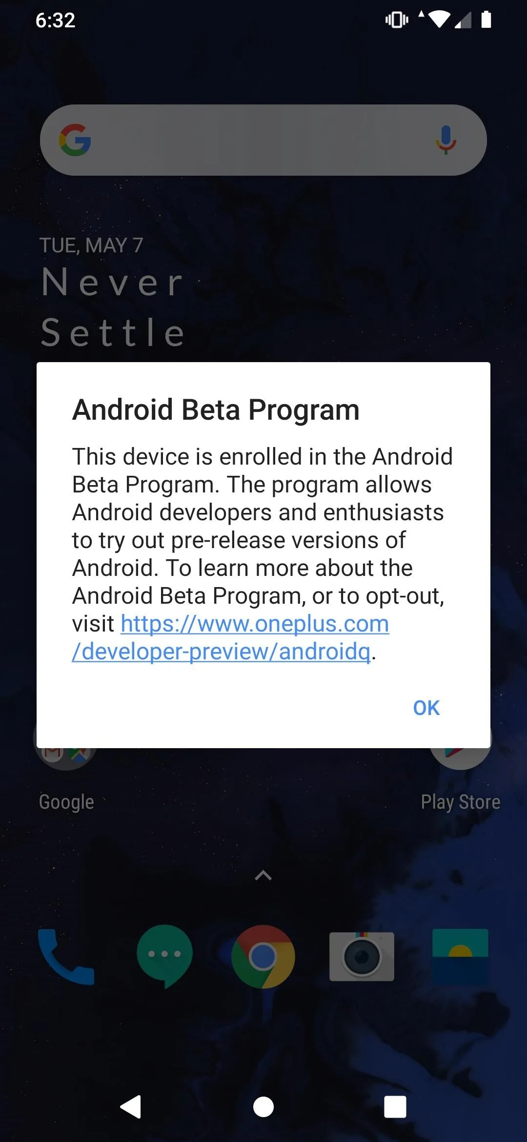 Android Beta Program notification on a smartphone screen.