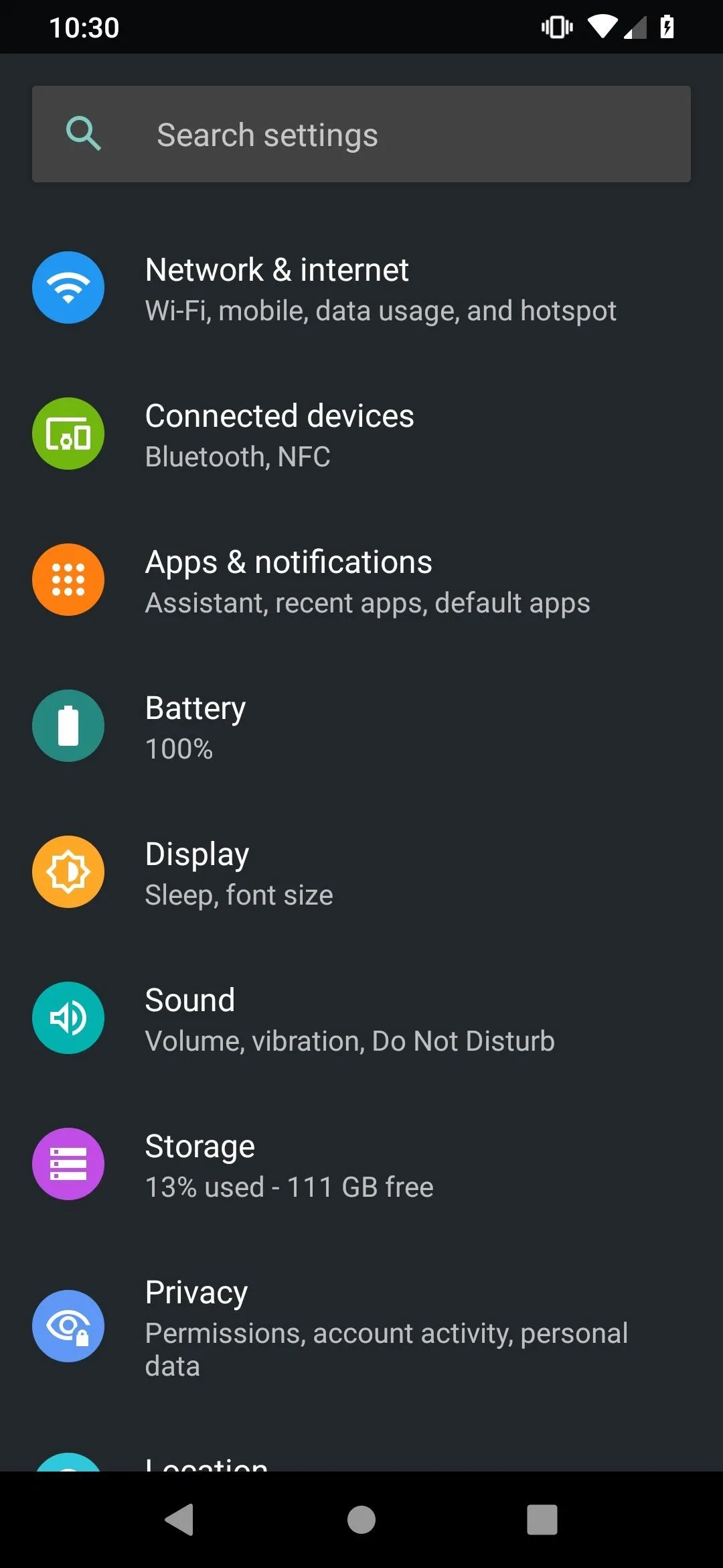 Settings menu on a mobile device displaying various application options.