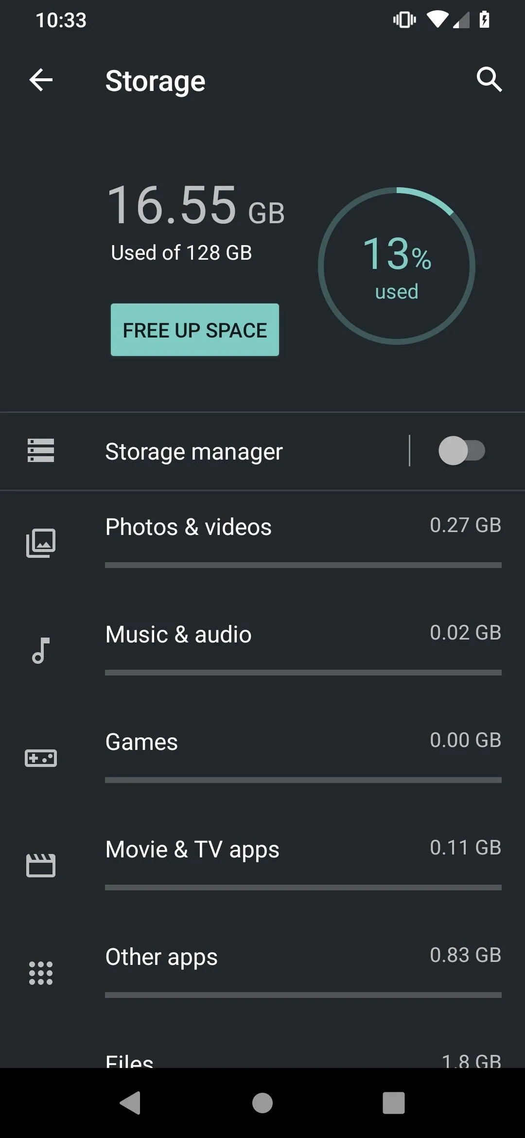 Storage management interface showing used and available space on a device.