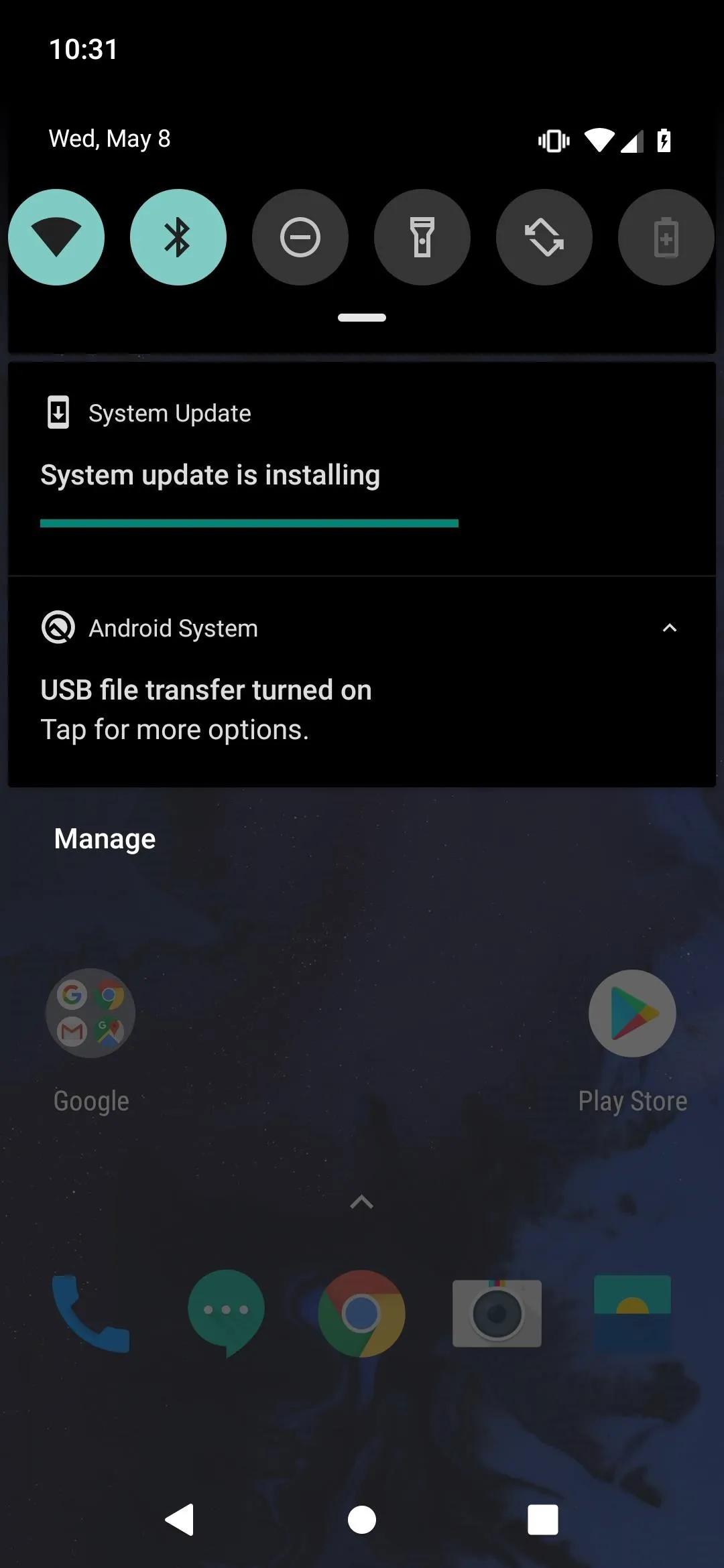 Notification panel on a smartphone displaying system settings and updates.