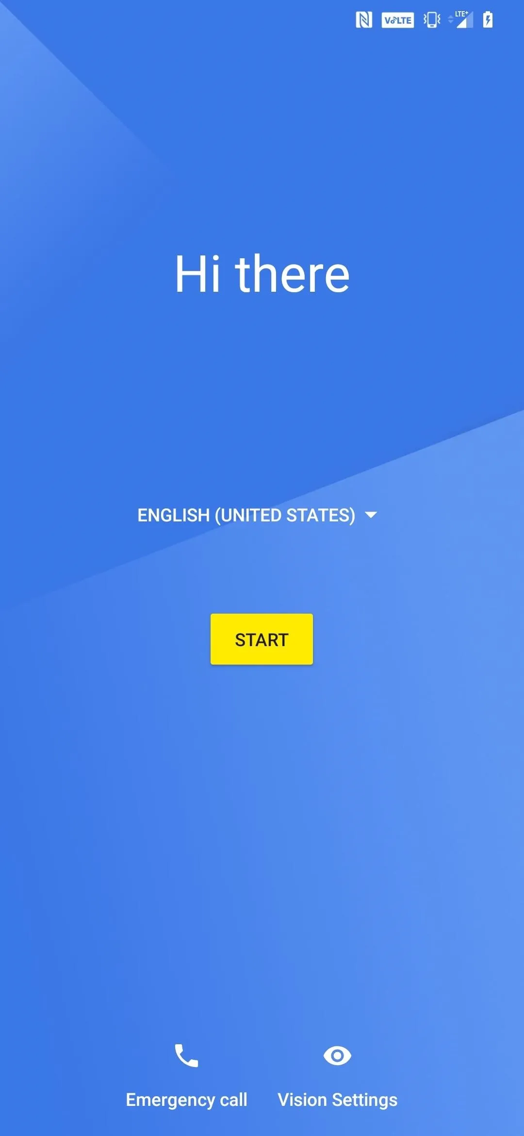 Mobile app welcome screen with a blue background and a yellow button.