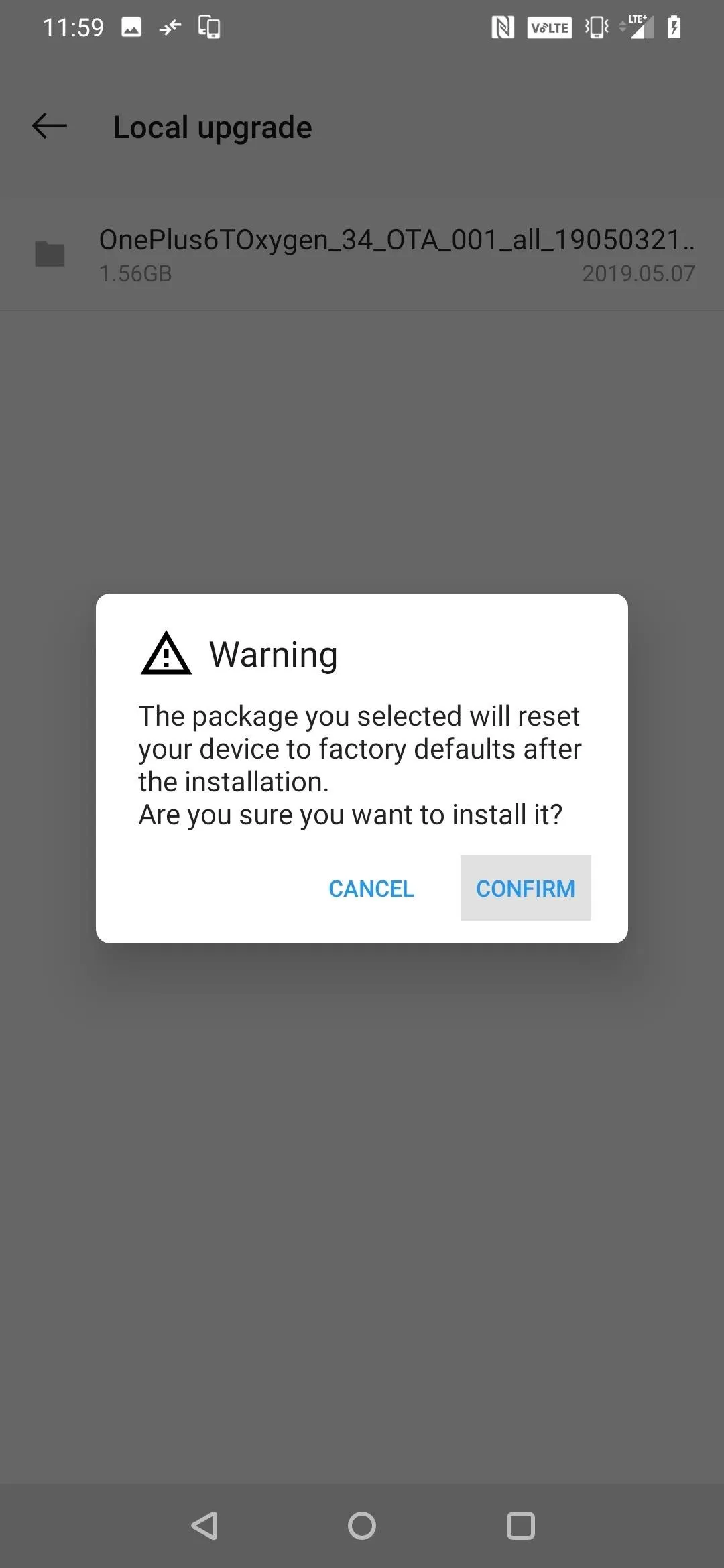 Warning message about app access and permissions on a mobile device.