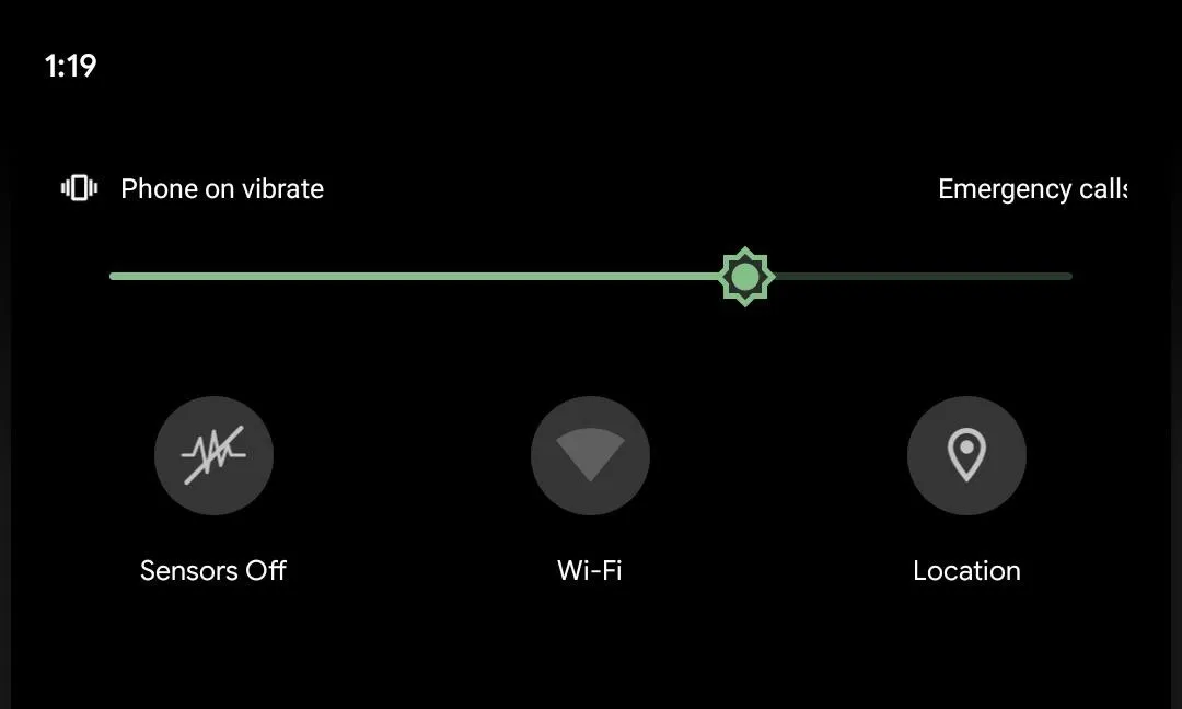 Phone settings interface displaying options: vibrations, emergency call, sensors off, Wi-Fi, and location.