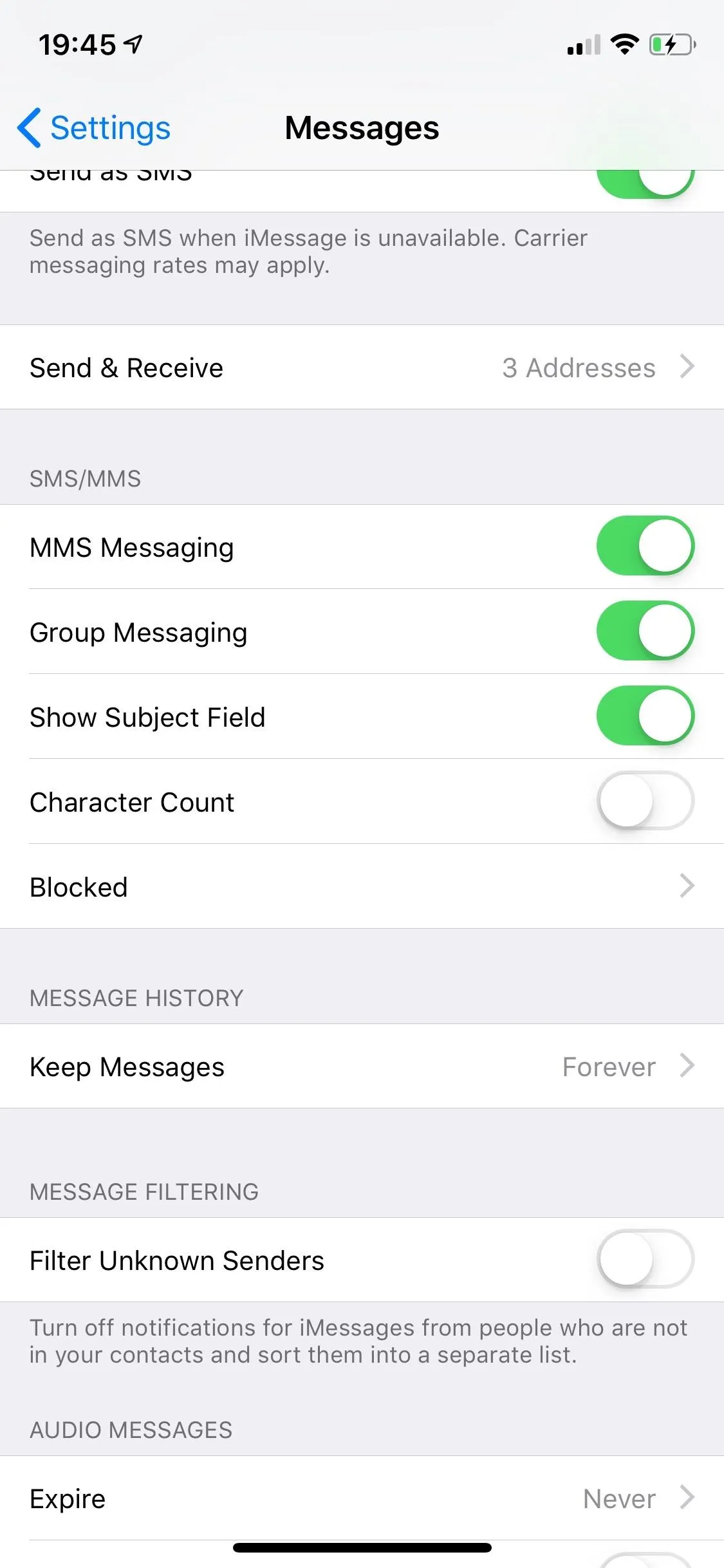 Settings menu for message notifications on a mobile device.