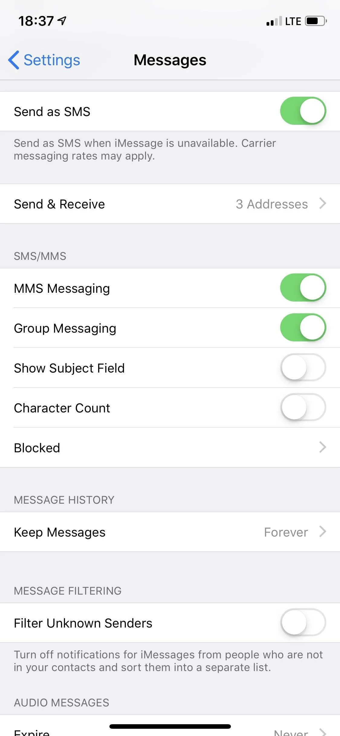 Messaging settings on a smartphone.